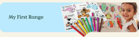 A smiling young girl sits at a table with colorful markers and animal-themed coloring sheets. The text My First Range appears on a blue background next to the image.