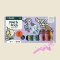 HeyDoodle glitter peel & stick silicone paint set, for ages 3+, features 8 sparkly colors, black outlines, fun cartoons, and window clings.