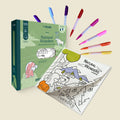 HeyDoodle’s silicone coloring book showcases vibrant natural wonders, includes six dual-tipped markers, and is packed in a green box.