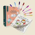 The Elves & The Shoemaker Tales silicone coloring mat by HeyDoodle comes with six vibrant markers in a pink-orange box, elf and shoe themed.