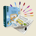 HeyDoodle Wheels on the Bus set in a blue box, with silicone wipe-clean pages, bus and animals, six colorful pens for creative play.